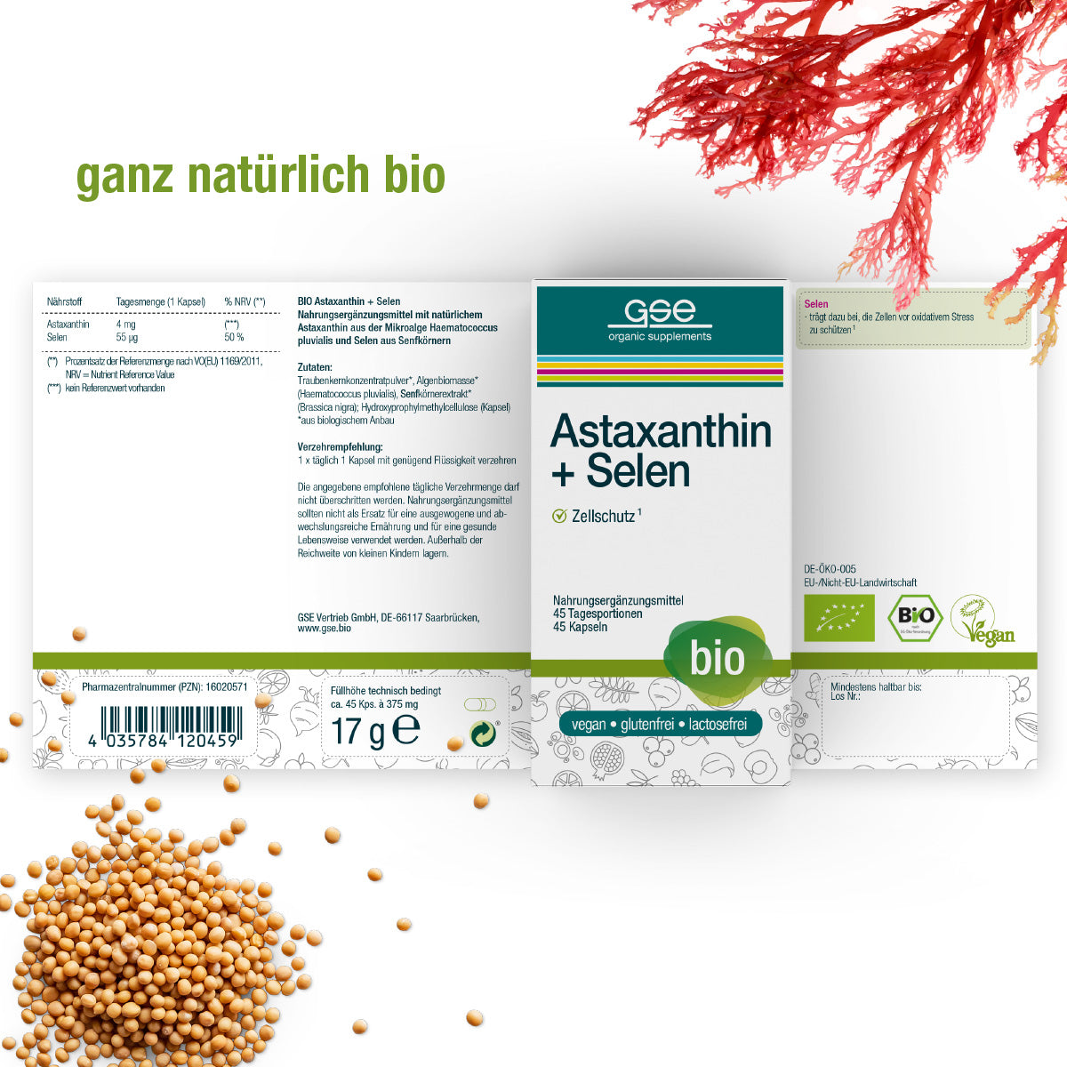 Die Verpackung von Astaxanthin + Selen (Bio) von gse.organic.supplements ist mit Zertifizierungslogos, Inhaltsstoffen und Nährwertangaben versehen und mit roten Algen und Senfkörnern dekoriert.