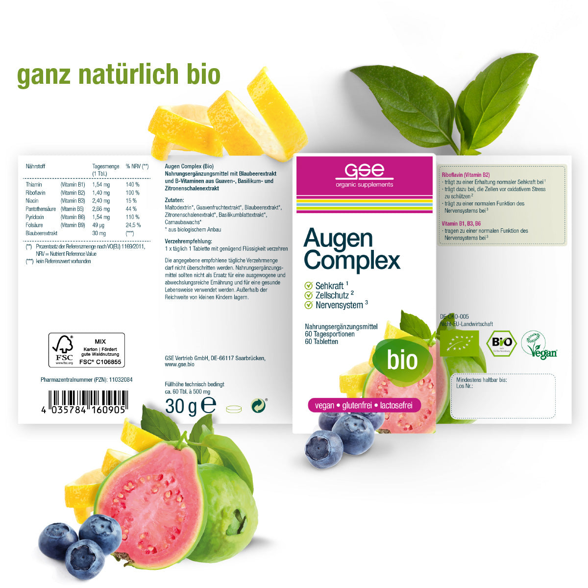 Box von Augen Complex (Bio) von gse.organic.supplements, mit Bio-Blaubeeren, Obst und Blatt Bilder. Etiketten zeigen vegan, glutenfrei, laktosefrei. Deutscher Text hebt pflanzliche Mikronährstoffe und Produktvorteile hervor.