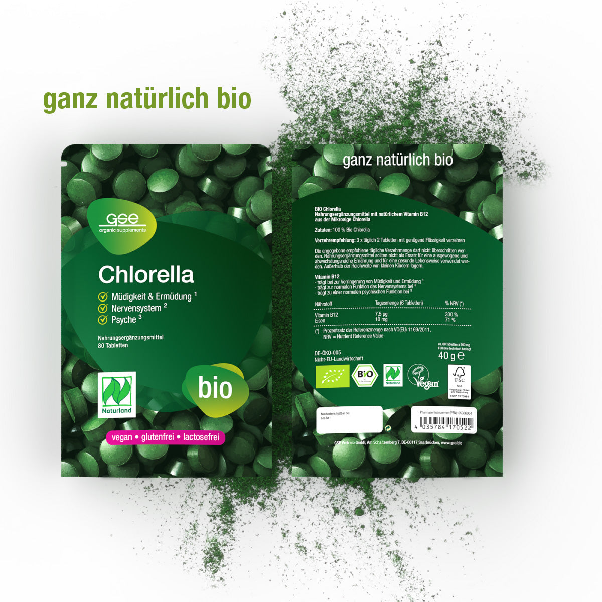 Naturland Bio Chlorella (Tabletten) von gse.organic.supplements hat eine grüne Verpackung mit der Aufschrift "Bio". Das vegane, gluten- und laktosefreie Bio-Nahrungsergänzungsmittel hebt Vitamin B12 hervor und ist mit grünen Tabletten um die Verpackung herum gekennzeichnet.