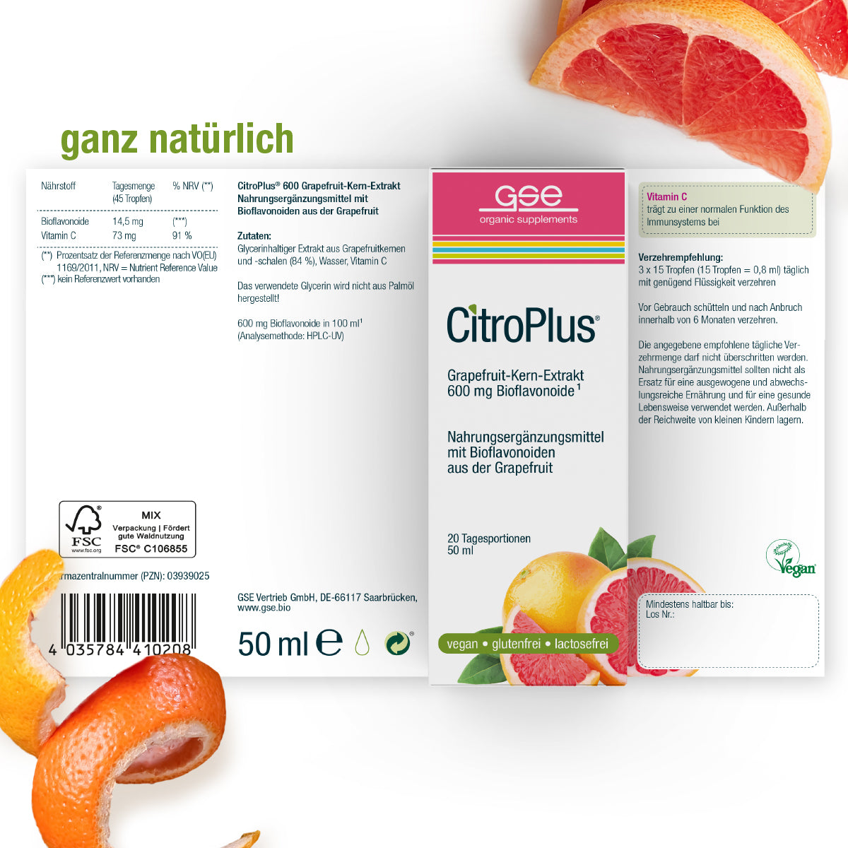 Dose CitroPlus® - Grapefruitkernextrakt 600 von gse.organic.supplements mit Grapefruitscheiben und grünen Blättern. Laut Etikett ist es vegan, gluten- und laktosefrei und liefert 600 mg Bioflavonoide pro 50 ml.