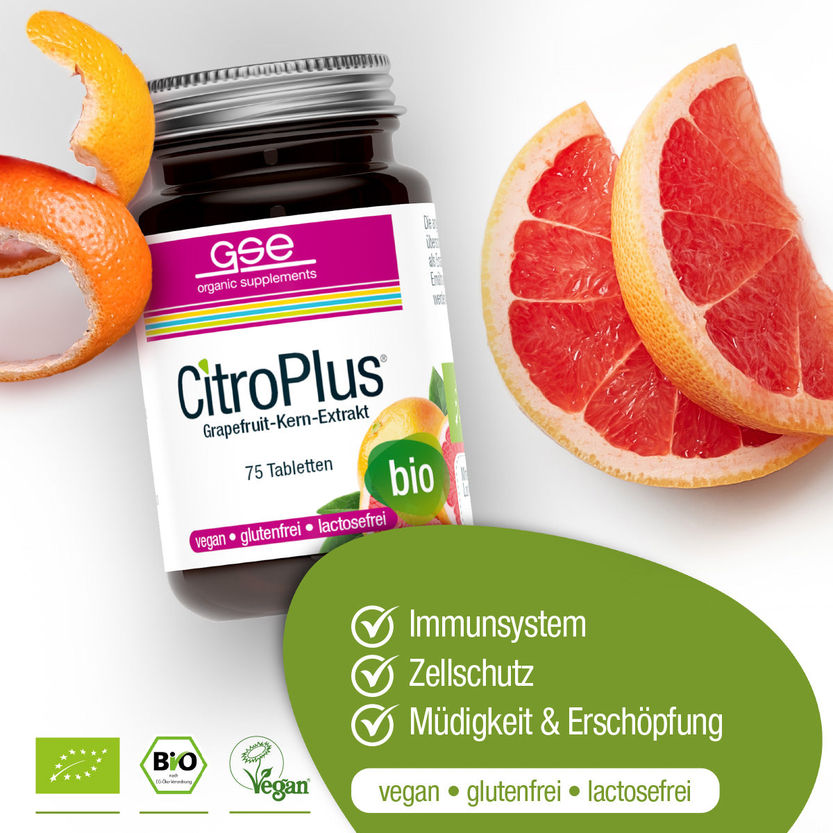 Eine Dose CitroPlus® Tabletten (Bio) von gse.organic.supplements ist umgeben von Grapefruitscheiben und -schalen, mit grünen Symbolen für natürliches Vitamin C zur Unterstützung des Immunsystems, zum Schutz der Zellen und zur Verringerung von Müdigkeit. Die Etiketten weisen auf Vegan, Glutenfrei, Laktosefrei und Bio hin.