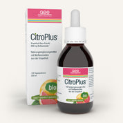 Eine braune Glasflasche von CitroPlus® 800 - Grapefruitkernextrakt (Bio) von gse.organic.supplements mit Tropfverschluss steht neben der Schachtel mit der Aufschrift "bio" und dem Hinweis auf Bioflavonoide, vegan, glutenfrei und laktosefrei in deutscher Sprache.