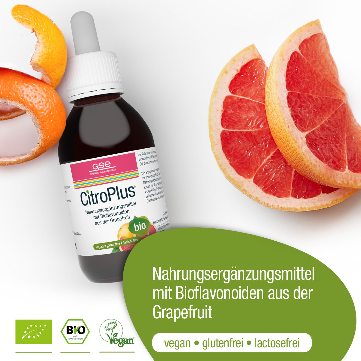 Eine Flasche CitroPlus® 800 - Grapefruitkernextrakt (Bio) von gse.organic.supplements ist mit einer aufgeschnittenen Grapefruit abgebildet. Der Text hebt die bio-zertifizierte, pflanzliche, vegane, gluten- und laktosefreie Formel hervor, die reich an Bioflavonoiden ist.
