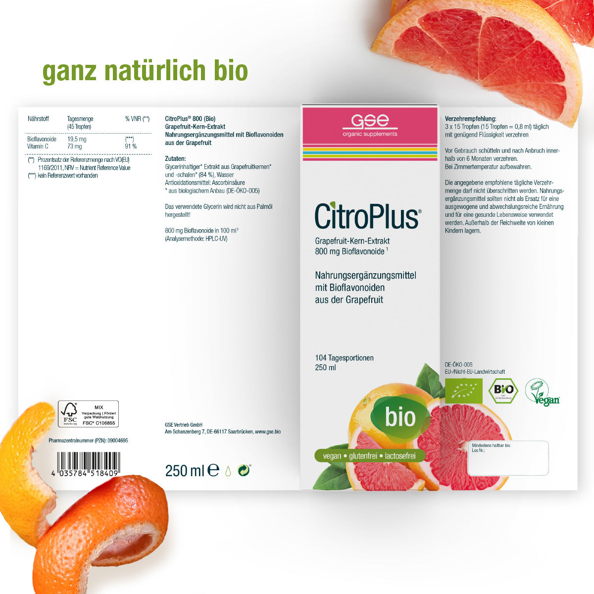 CitroPlus® 800 - Grapefruitkernextrakt (Bio) von gse.organic.supplements zeigt grüne Bio-/Vegan-Etiketten, geschnittene Grapefruit und Schale, Nährwertangaben, Bioflavonoide und "ganz natürlich bio" auf weißem Hintergrund.