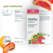 CitroPlus® 800 - Grapefruitkernextrakt (Bio) von gse.organic.supplements zeigt grüne Bio-/Vegan-Etiketten, geschnittene Grapefruit und Schale, Nährwertangaben, Bioflavonoide und "ganz natürlich bio" auf weißem Hintergrund.