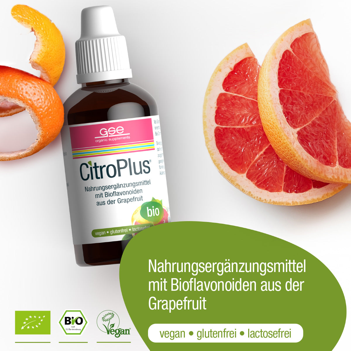 Neben frischen Grapefruitscheiben steht eine Flasche CitroPlus® 800 - Grapefruitkernextrakt (Bio) von gse.organic.supplements mit den Etiketten vegan, glutenfrei, laktosefrei und Bio mit Bioflavonoiden aus der Grapefruit.