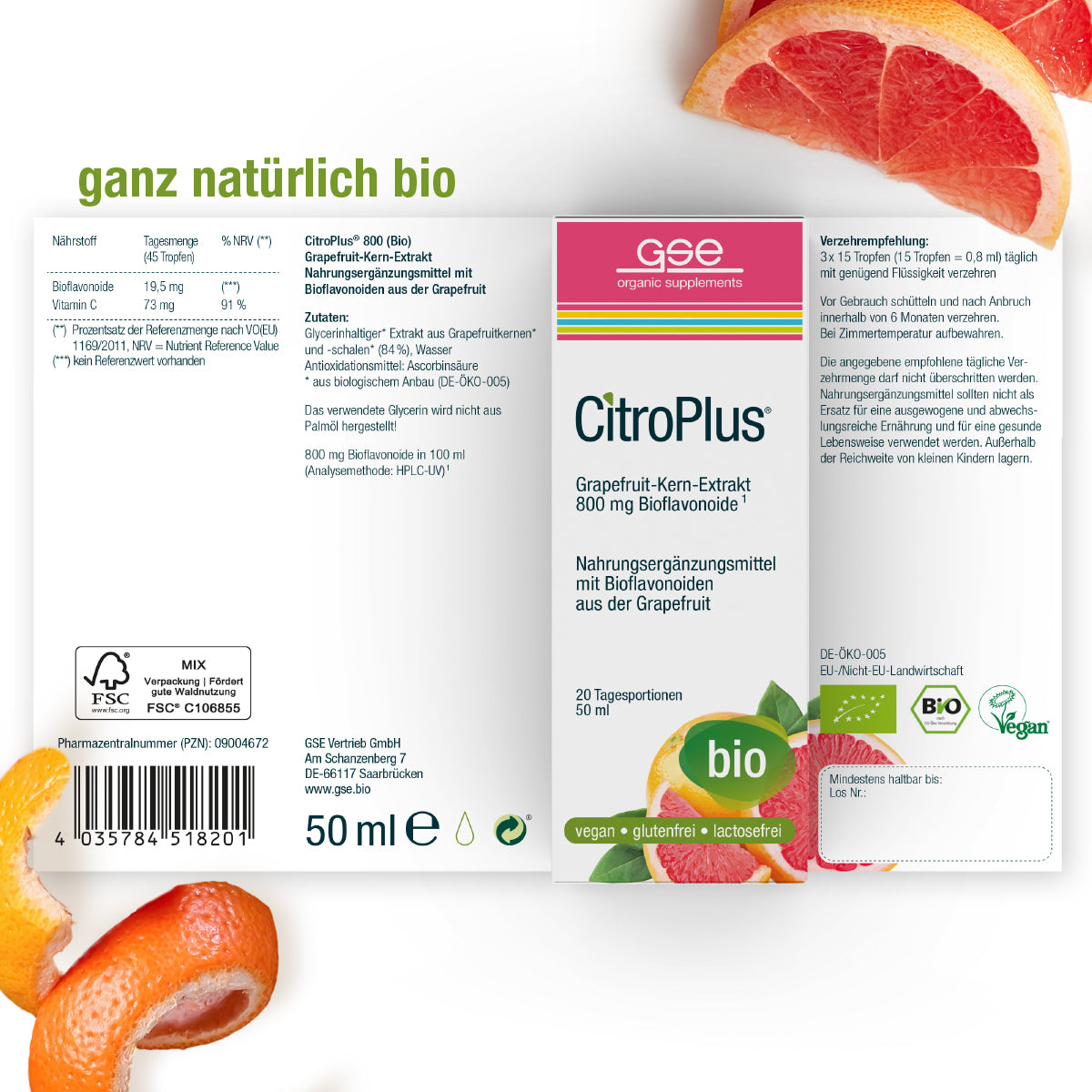 Schachtel CitroPlus® 800 Grapefruitkernextrakt (Bio) von gse.organic.supplements, gekennzeichnet mit "bio" und "vegan", ausgestellt mit Grapefruitscheiben. Der deutsche Text listet den Gehalt an Bioflavonoiden, Produktinfos, Inhaltsstoffe und Zertifizierungen auf.