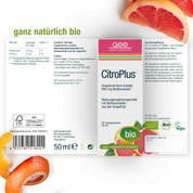 Schachtel CitroPlus® 800 Grapefruitkernextrakt (Bio) von gse.organic.supplements, gekennzeichnet mit "bio" und "vegan", ausgestellt mit Grapefruitscheiben. Der deutsche Text listet den Gehalt an Bioflavonoiden, Produktinfos, Inhaltsstoffe und Zertifizierungen auf.