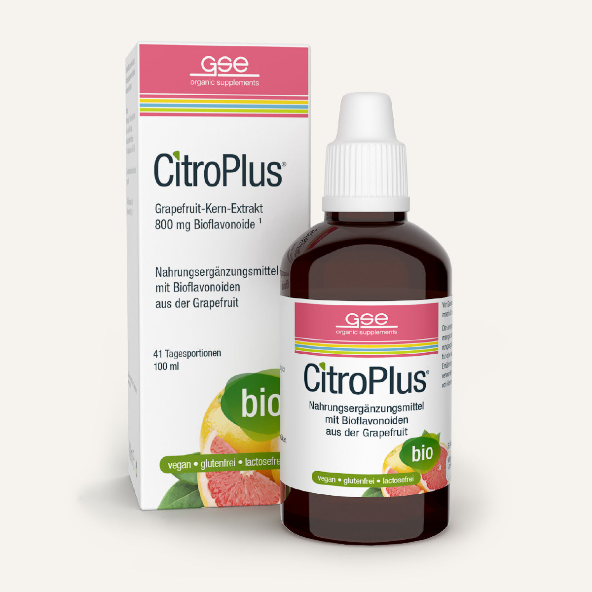 Eine Flasche und eine Schachtel CitroPlus® 800 Grapefruitkernextrakt (Bio) von gse.organic.supplements, mit veganer, glutenfreier, laktosefreier und biologischer Kennzeichnung; reich an Bioflavonoiden mit markanten Grapefruit- und grünen Bio-Symbolen.