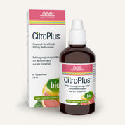 Eine Flasche und eine Schachtel CitroPlus® 800 Grapefruitkernextrakt (Bio) von gse.organic.supplements, mit veganer, glutenfreier, laktosefreier und biologischer Kennzeichnung; reich an Bioflavonoiden mit markanten Grapefruit- und grünen Bio-Symbolen.
