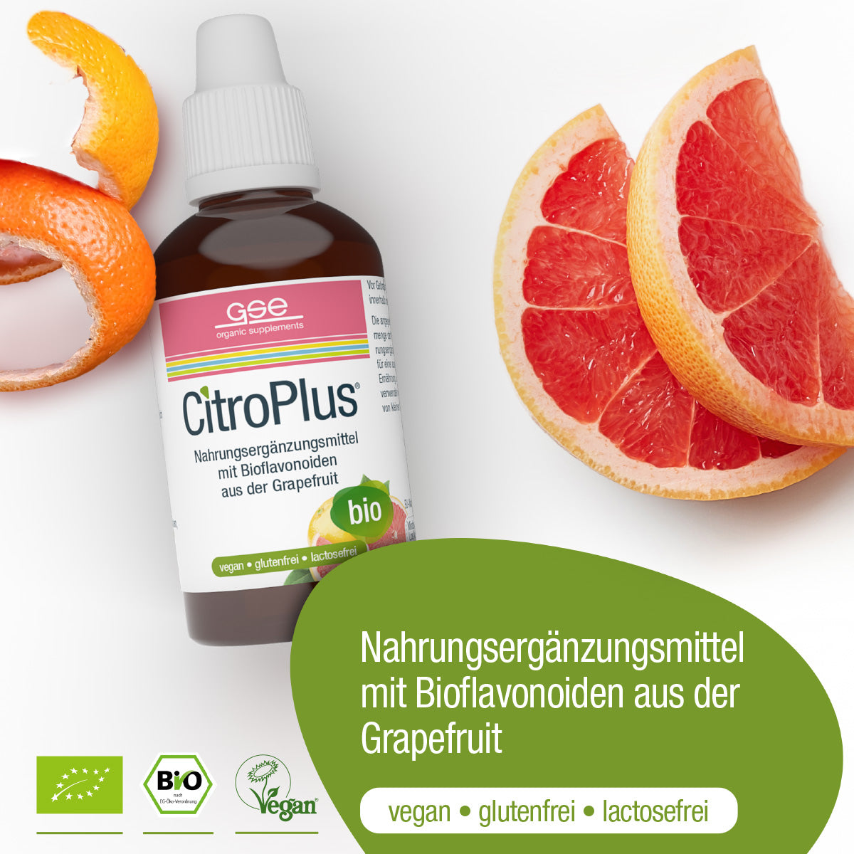 Eine Flasche CitroPlus® 800 - Grapefruitkernextrakt (Bio) von gse.organic.supplements ist neben halbierten Grapefruits abgebildet. Das Etikett weist auf pflanzliche Bioflavonoide und die Bio-Zertifizierung hin und hebt die Vorteile von veganen, glutenfreien und laktosefreien Produkten hervor.