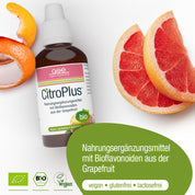 Eine Flasche CitroPlus® 800 - Grapefruitkernextrakt (Bio) von gse.organic.supplements ist neben halbierten Grapefruits abgebildet. Das Etikett weist auf pflanzliche Bioflavonoide und die Bio-Zertifizierung hin und hebt die Vorteile von veganen, glutenfreien und laktosefreien Produkten hervor.