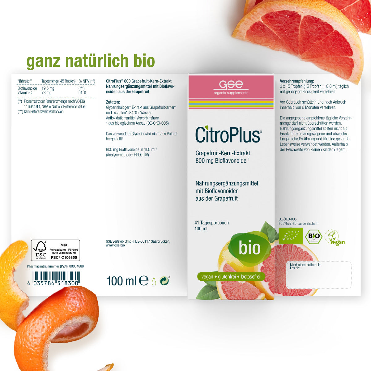 CitroPlus® 800 Grapefruitkernextrakt (Bio) von gse.organic.supplements zeichnet sich durch eine Verpackung mit Grapefruitscheiben, Bio- und Vegan-Etiketten sowie einem deutschen Text aus, der die pflanzlichen Inhaltsstoffe und die Vorteile der Bioflavonoide hervorhebt.