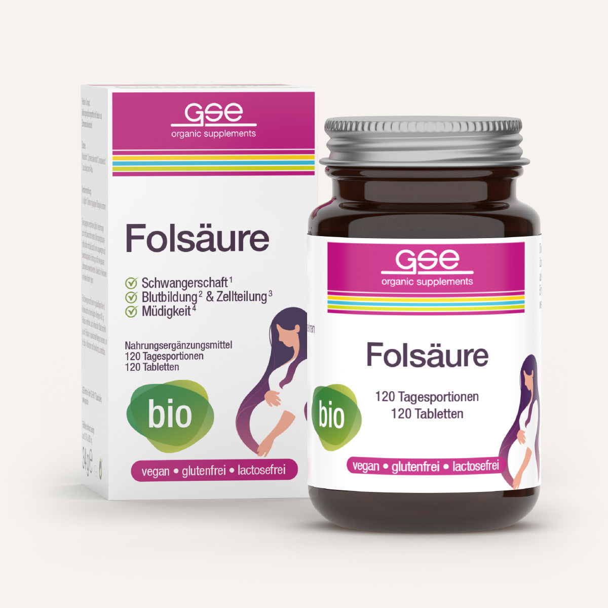 Abgebildet sind eine Flasche und eine Schachtel gse.organic.supplements Folsäure Compact (Bio) mit der Aufschrift "bio", vegan, glutenfrei und laktosefrei. Die Verpackung zeigt eine schwangere Frau und hebt Zellteilung & weniger Müdigkeit in Schwangerschaft und Stillzeit hervor.