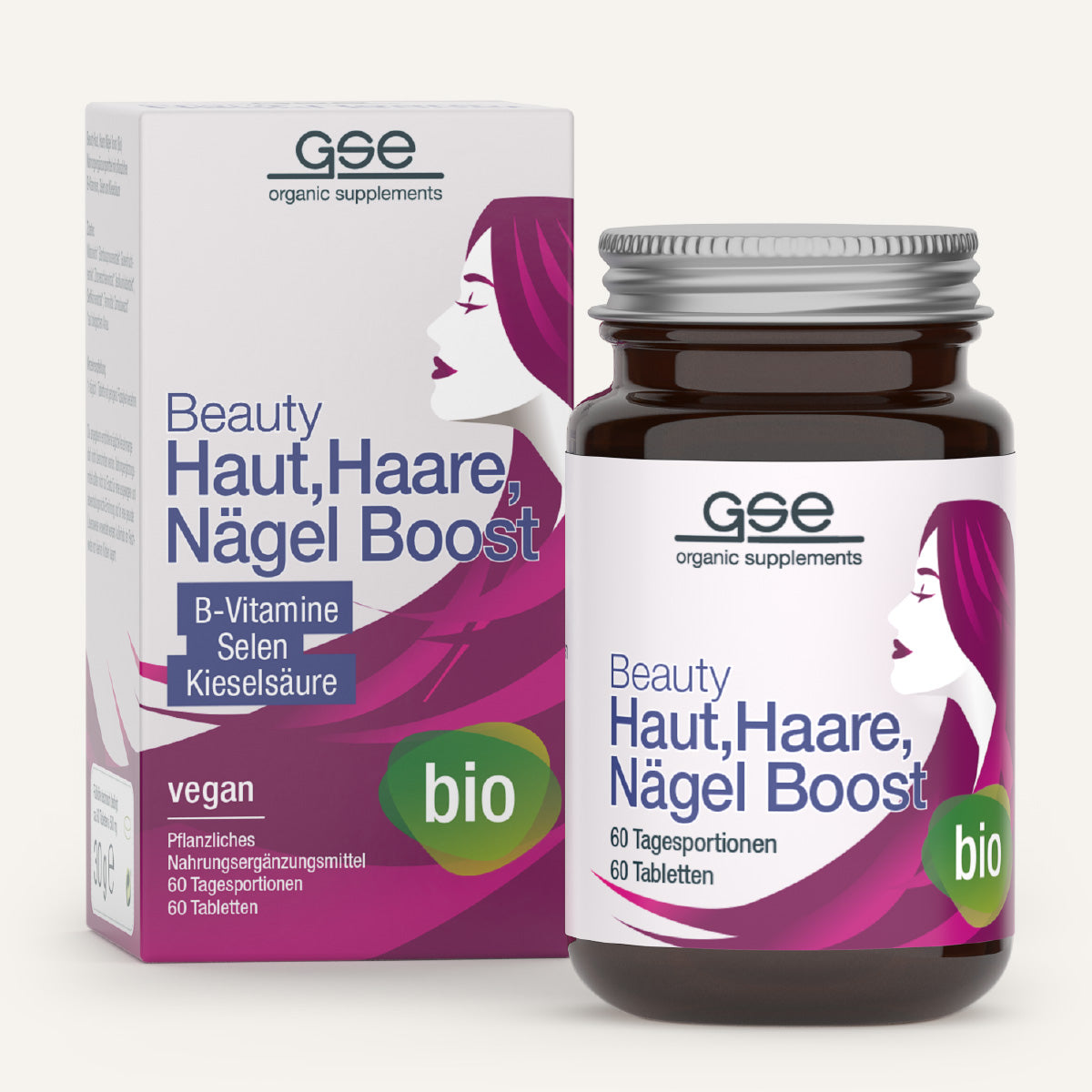 Eine Flasche und eine Schachtel von gse.organic.supplements Beauty Haut, Haare, Nägel Boost (Bio) mit lila und weißer Verpackung, die ein stilisiertes Frauenprofil zeigt und vegane, biologische B-Vitamine, Selen und Kieselerde hervorhebt.