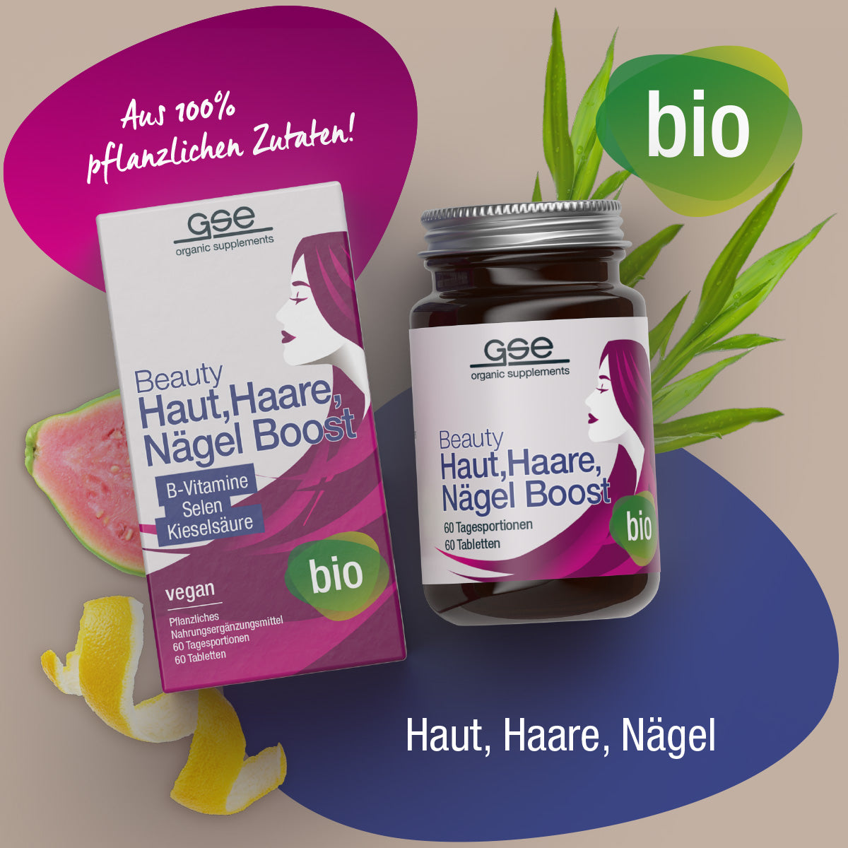 Eine Ergänzungspackung und Flasche mit der Aufschrift Beauty Haut, Haare, Nägel Boost (Bio) von gse.organic.supplements zeigt ein Frauengesicht, Guave, Bambusblätter und ein grünes Bio-Label. Vegane Formel mit Kieselsäure & B-Vitamin unterstützt strahlende Schönheit.