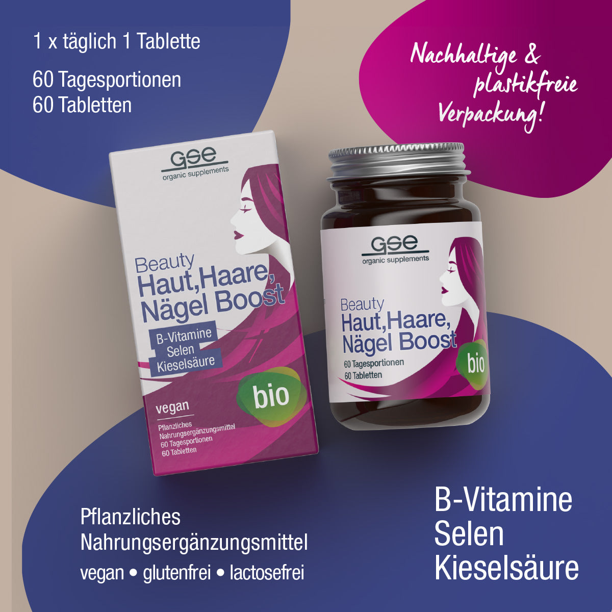 Ein Produktbild von Beauty Haut, Haare, Nägel Boost (Bio) von gse.organic.supplements zeigt eine Schachtel und eine Flasche. Der deutsche Text hebt B-Vitamine, Selen, Kieselsäure, pflanzliche Mikronährstoffe in Bio-Qualität und eine umweltfreundliche, plastikfreie Verpackung hervor.