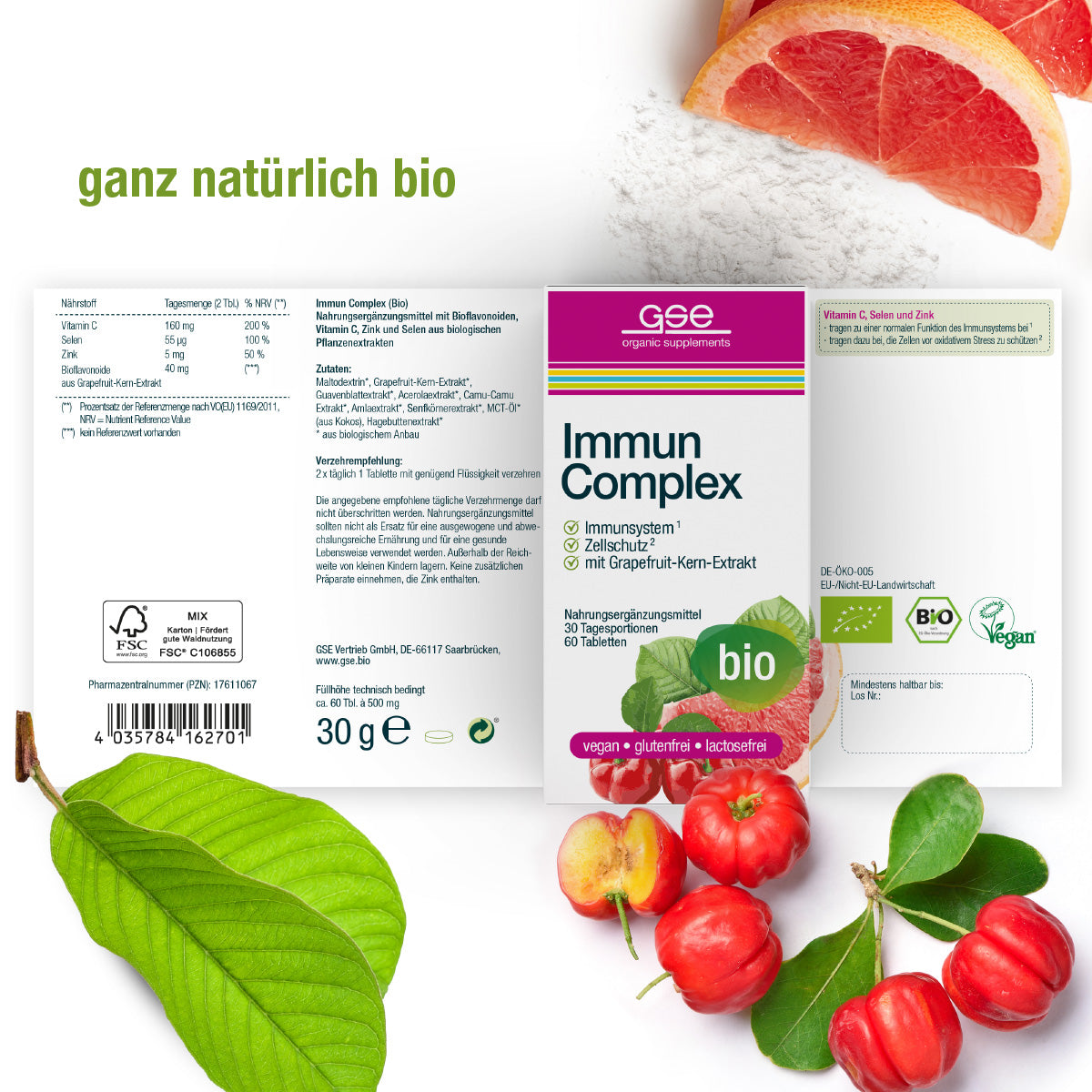 Ein Produktetikett für Immun Complex (Bio) von gse.organic.supplements, mit Bildern von Grapefruit und Acerola, grünen Blättern und einem Text, der die vegane, glutenfreie und pflanzliche Zusammensetzung zur Unterstützung des Immunsystems sowie die Bio-Zertifizierung hervorhebt.