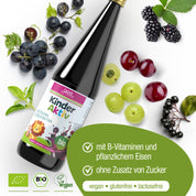 Eine Flasche gse.organic.supplements Kinder Aktiv Complex (Bio) ist mit Trauben, Kirschen, Stachelbeeren und schwarzen Johannisbeeren abgebildet. Auf dem Etikett sind Cartoon-Tiere abgebildet und es wird auf B-Vitamine für Kinder, Eisen auf pflanzlicher Basis, vegan, gluten- und laktosefrei und ohne Zuckerzusatz hingewiesen.