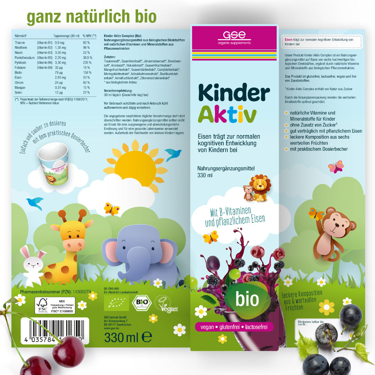 Kinder Aktiv Complex (Bio) von gse.organic.supplements kommt in einer Verpackung mit bunten Giraffen-, Elefanten-, Löwen- und Apfelmotiven. Die Schachtel hebt "biozertifiziert", "vegan", "glutenfrei", "B-Vitamin für Kinder" und "Beeren und Blätter" am unteren Rand hervor.