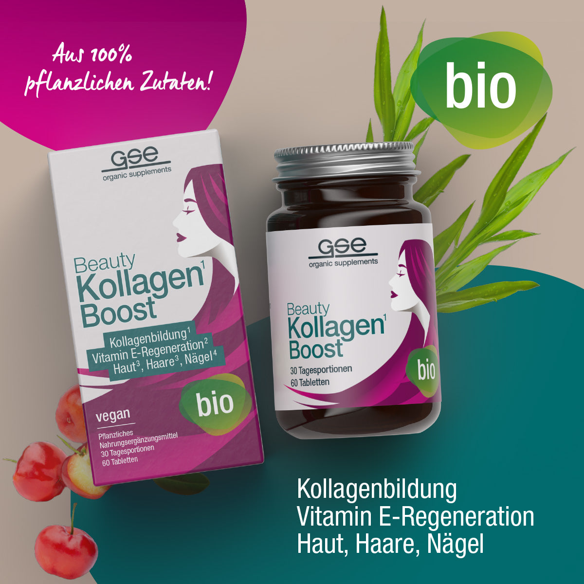 Ein Bild von Beauty Kollagen-Boost (Bio) von gse.organic.supplements zeigt eine Dose und einen Tiegel mit Pflanzenblättern und Kirschen, die pflanzliches Kollagen hervorheben. Die vegane Bio-Nahrungsergänzung unterstützt Haut, Haare und Nägel.