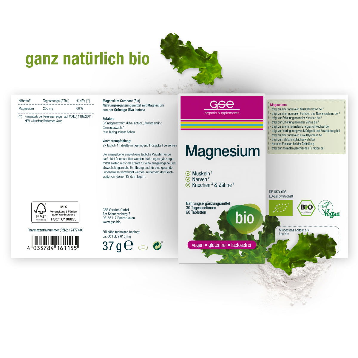 Die Verpackung von gse.organic.supplements Magnesium (Bio) ist mit grünen Blättern und deutschem Text versehen. Die Verpackung hebt hervor, dass es bio, vegan, glutenfrei, laktosefrei ist und Muskeln, Nerven, Knochen und Zähne unterstützt.