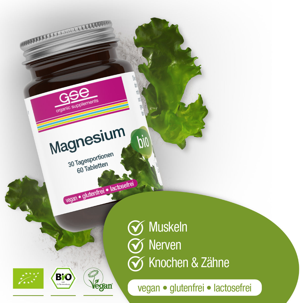 Ein Glas gse.organic.supplements Magnesium (Bio) aus biozertifizierten Grünalgen steht inmitten grüner Blätter. Der Text hebt die Unterstützung für Muskeln, Knochen, Nerven und Zähne hervor; das Produkt ist vegan, glutenfrei, laktosefrei und biologisch.
