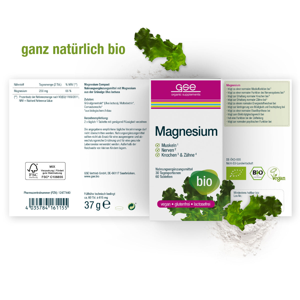 Verpackung für Magnesium (Bio) von gse.organic.supplements mit Bio-Grünalgen, grünen Blättern, Vegan- und Bio-Siegel, deutschem Text, Nährwertangaben, weißem Hintergrund mit grünen Akzenten und der Aufschrift "ganz natürlich bio".