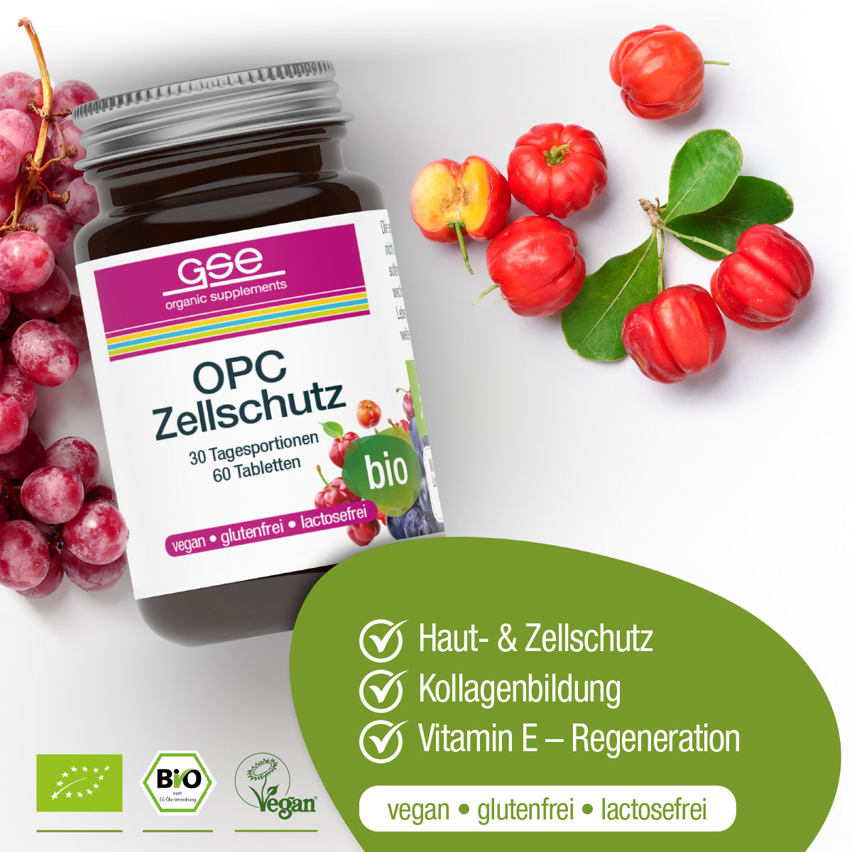 Der OPC Zellschutz Complex (Bio) von gse.organic.supplements wird mit Trauben und Acerolakirschen dargestellt. Die Icons zeigen an, dass er pflanzlich, antioxidativ, vegan, glutenfrei und biologisch ist und den Haut- und Zellschutz unterstützt.