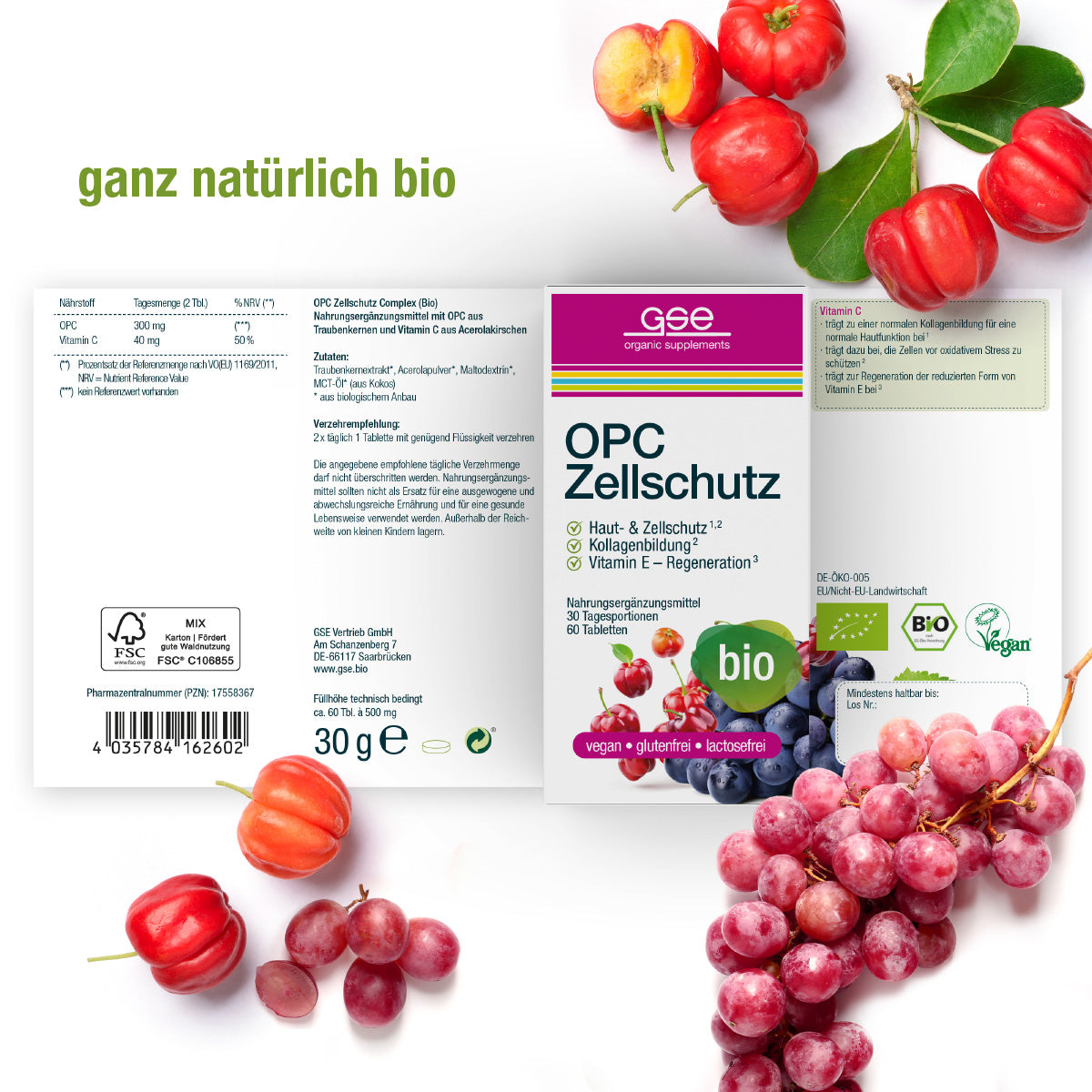 Eine Schachtel gse.organic.supplements OPC Zellschutz Complex (Bio) mit Trauben und Acerolakirschen auf weißem Hintergrund, die die antioxidative Wirkung und die pflanzlichen, biologischen, veganen und natürlichen Bio-Etiketten hervorheben.