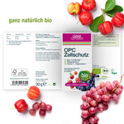 Eine Schachtel gse.organic.supplements OPC Zellschutz Complex (Bio) mit Trauben und Acerolakirschen auf weißem Hintergrund, die die antioxidative Wirkung und die pflanzlichen, biologischen, veganen und natürlichen Bio-Etiketten hervorheben.