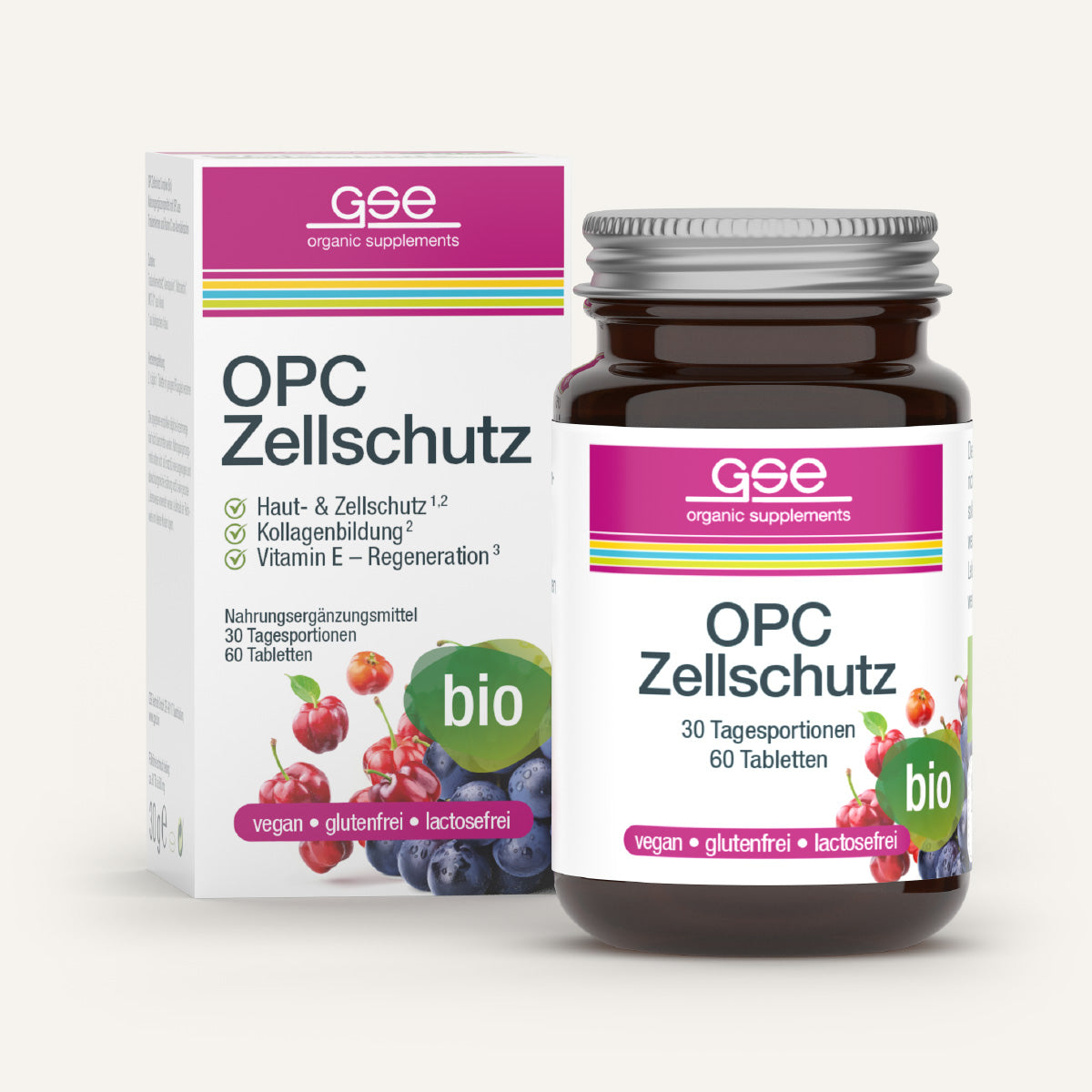 Eine Flasche und Dose gse.organic.supplements "OPC Zellschutz Complex (Bio)", vegan und glutenfrei, mit OPC Traubenkernextrakt und Vitamin C Acerola mit Beerenmotiven, gekennzeichnet mit "bio".