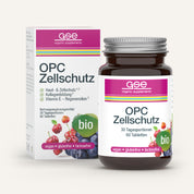 Eine Flasche und Dose gse.organic.supplements "OPC Zellschutz Complex (Bio)", vegan und glutenfrei, mit OPC Traubenkernextrakt und Vitamin C Acerola mit Beerenmotiven, gekennzeichnet mit "bio".