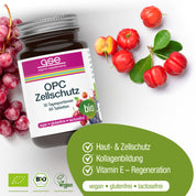 Abgebildet ist eine Dose gse.organic.supplements OPC Zellschutz Complex (Bio) mit Weintrauben, Acerola-Kirschen und grünen Blättern. Der Text hebt den Haut- und Zellschutz, die Kollagenbildung, das Vitamin C aus Acerola und die Qualitätszertifizierung hervor.