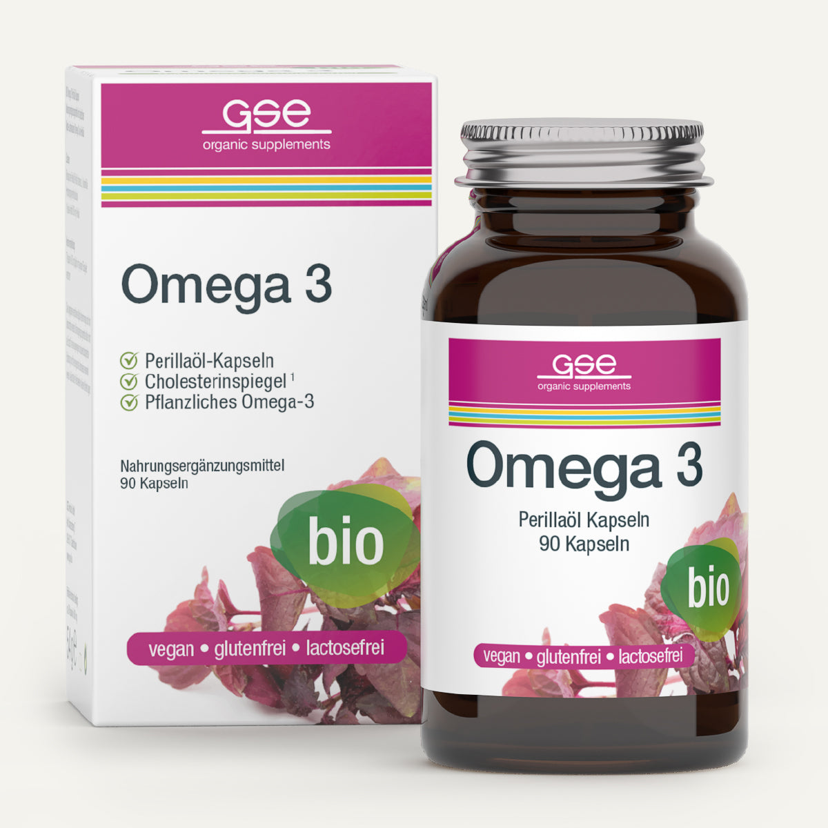 Eine Flasche und eine Schachtel von gse.organic.supplements Omega 3 Perillaöl Vegan (Bio) sind in den Farben Rosa, Grün und Weiß verpackt und weisen darauf hin, dass das Produkt vegan, pflanzlich, glutenfrei, laktosefrei und bio-zertifiziert ist.