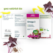 Eine Schachtel gse.organic.supplements Omega 3 Perillaöl Vegan (Bio) ist auf einem offenen Faltblatt mit lila Blättern und Samen abgebildet. Auf der Verpackung befinden sich die Kennzeichnung "Bio" und Symbole für vegan, glutenfrei und laktosefrei.