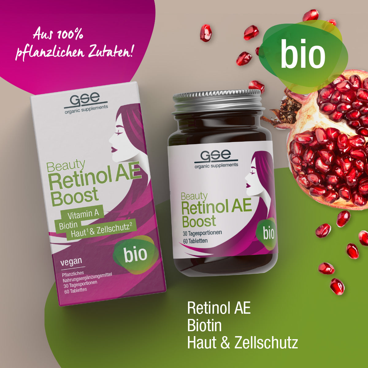 Die gse.organic.supplements Beauty Retinol-AE Boost (Bio) wird mit ihrer Schachtel und Flasche neben Granatapfelkernen gezeigt und enthält Retinol, Biotin und 100% pflanzliche Inhaltsstoffe.