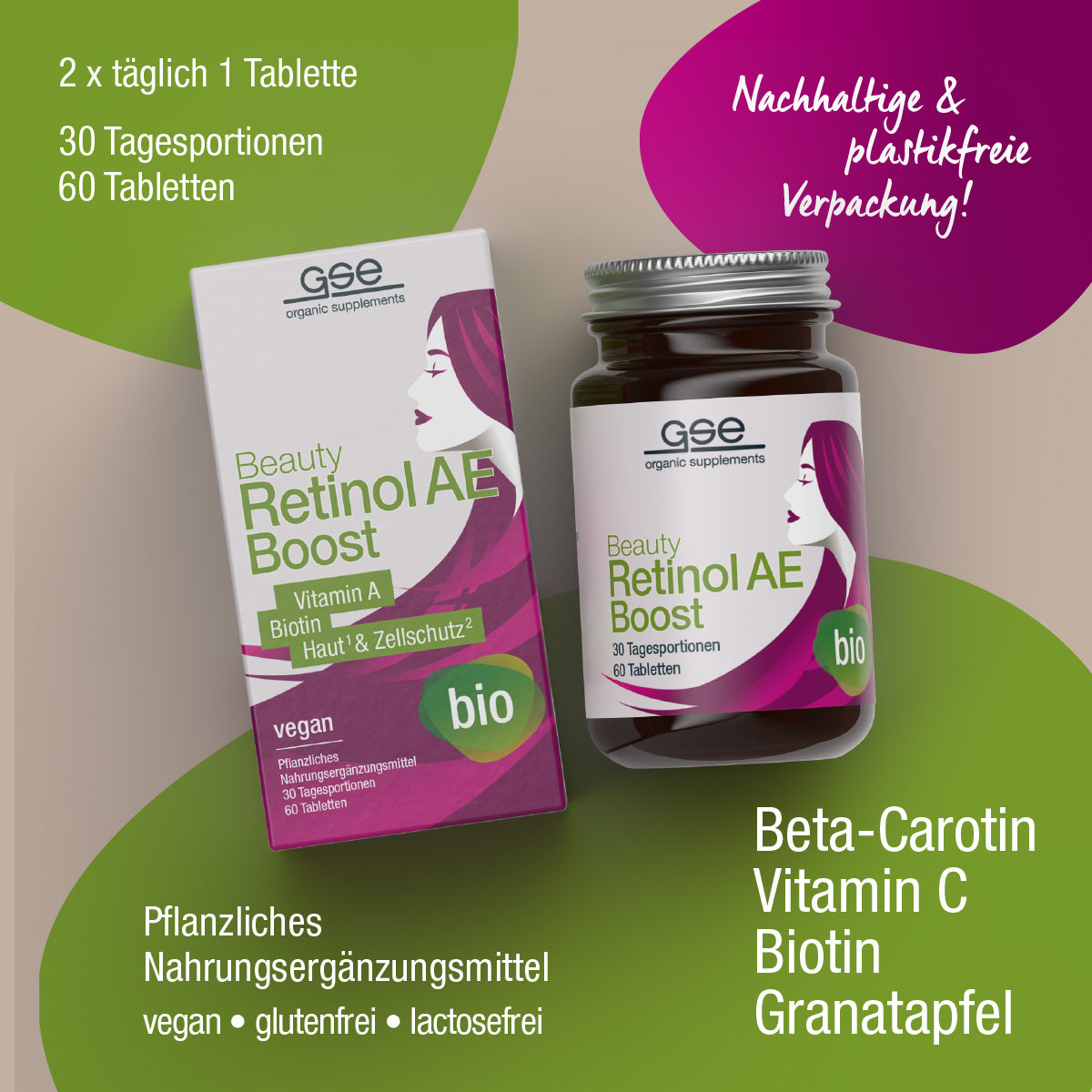 Eine Schachtel und ein Glasgefäß mit der Aufschrift Beauty Retinol-AE Boost (Bio) von gse.organic.supplements, mit grünen und magentafarbenen Akzenten. Hervorzuheben sind die vegane, glutenfreie, laktosefreie, plastikfreie Verpackung und die Bio-Ergänzung; Fruchtbilder im Hintergrund.