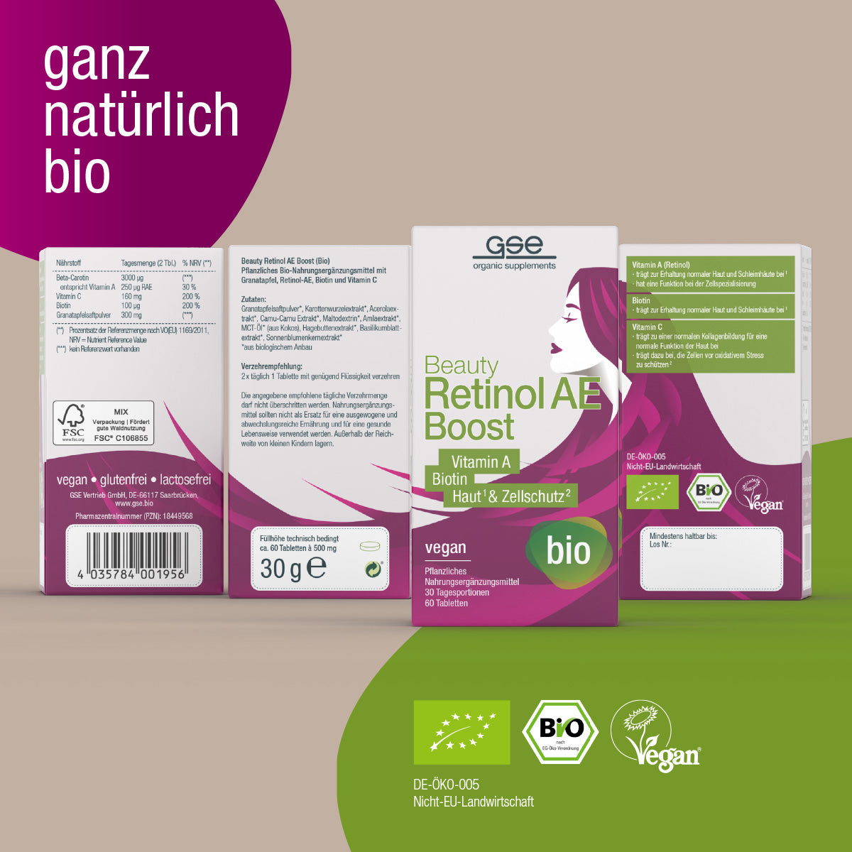 Eine Anzeige für gse.organic.supplements Beauty Retinol-AE Boost (Bio) zeigt drei Schachteln mit lila und grünem Design, veganen und biologischen Logos und deutschem Text auf einem passenden Hintergrund.