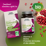 Eine Schachtel und ein Tiegel gse.organic.supplements Beauty Retinol-AE Boost (Bio) FR sind mit einem Granatapfel abgebildet, der die vegane, biologische Formel mit Retinol und Biotin für die Gesundheit von Haut und Zellen hervorhebt.