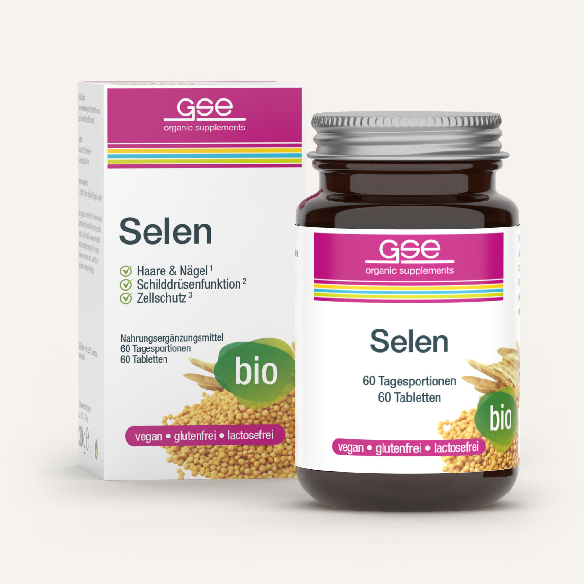 Eine braune Glasflasche von gse.organic.supplements Selen Compact (Bio) steht neben einer weiß-lila Schachtel mit der Aufschrift "bio", vegan, gluten- & laktosefrei, mit biozertifizierter und Immunsystem Unterstützung.
