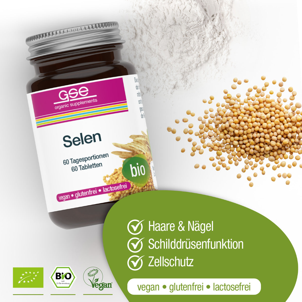 Neben dem weißen Pulver und den gelben Samen steht eine Flasche Selen Compact (Bio) von gse.organic.supplements. Dieses vegane, gluten- und laktosefreie Ergänzungsmittel unterstützt Haare, Nägel, Schilddrüse, Zellschutz und das Immunsystem.