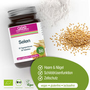 Neben dem weißen Pulver und den gelben Samen steht eine Flasche Selen Compact (Bio) von gse.organic.supplements. Dieses vegane, gluten- und laktosefreie Ergänzungsmittel unterstützt Haare, Nägel, Schilddrüse, Zellschutz und das Immunsystem.