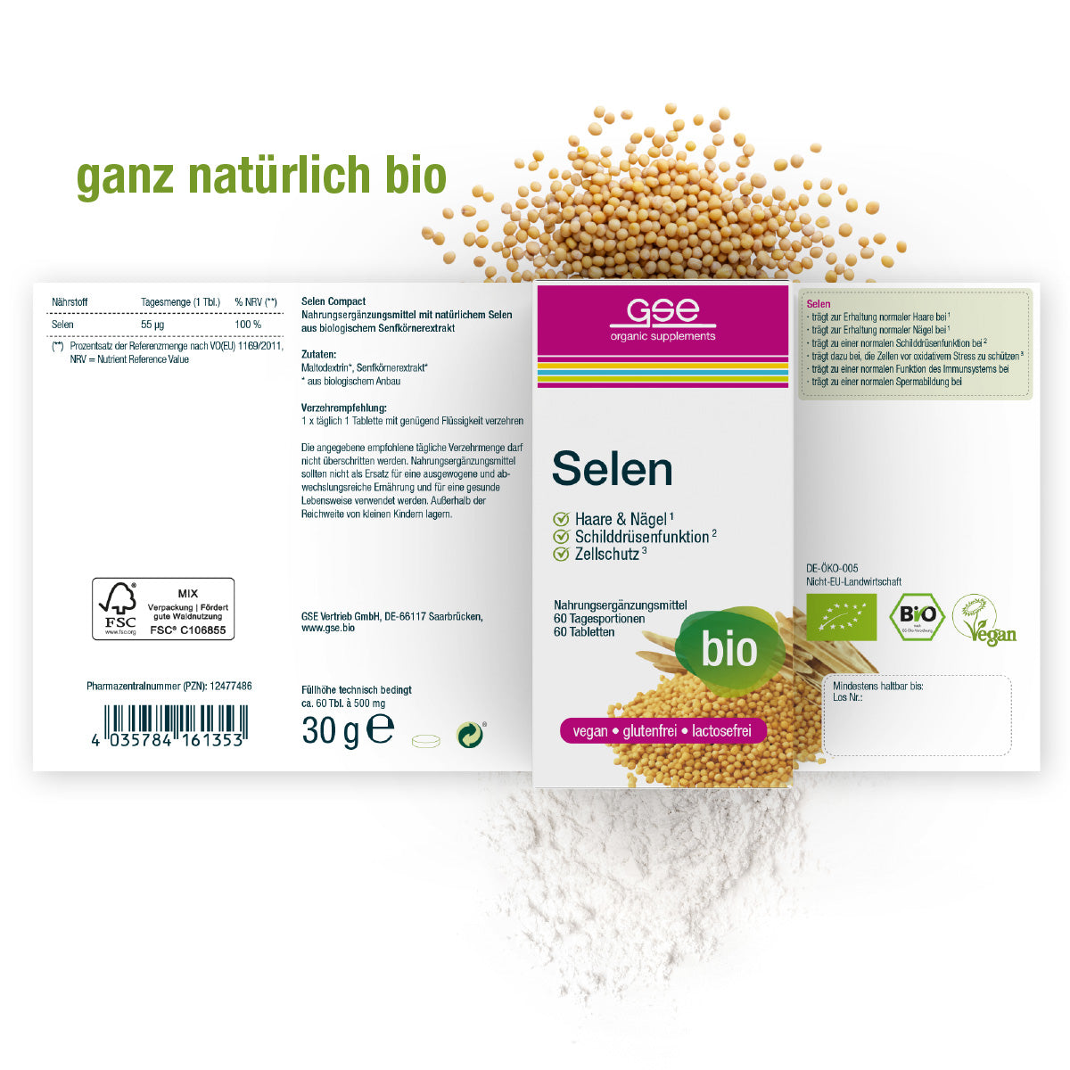 Schachtel gse.organic.supplements Selen Compact (Bio) mit ungefalteter Verpackung mit deutschen Angaben, grünem Bio- und Vegan-Etikett, Senfkörnern oben und Pulver unten.