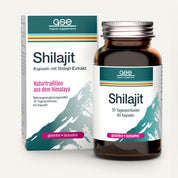 Eine Schachtel und eine Flasche gse.organic.supplements Shilajit mit dem Bild des Himalaya-Gebirges und deutschem Text. Auf der Verpackung steht, dass die Shilajit-Kapseln gluten- und laktosefrei sind.