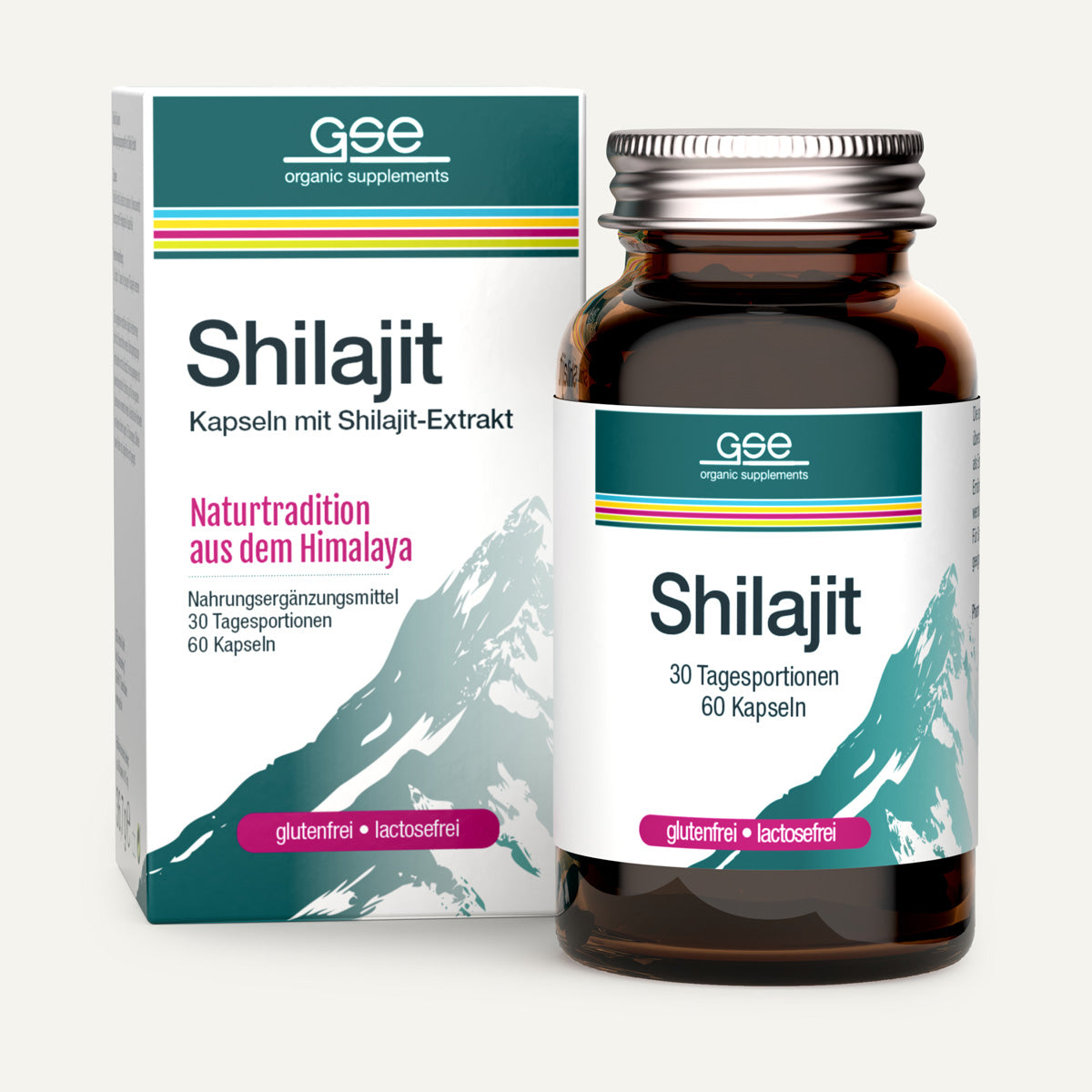 Eine Flasche und eine Schachtel Shilajit von gse.organic.supplements, mit deutscher Beschriftung, in türkis-weißem Design, mit einer Bergillustration sowie den Kennzeichnungen „glutenfrei“ und „laktosefrei“.