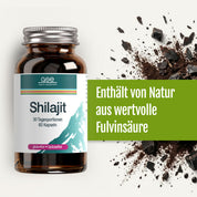 Auf der linken Seite ist eine Shilajit-Flasche von gse.organic.supplements mit der Aufschrift gluten- und laktosefrei versehen. Rechts erscheint das dunkle Pulver mit dem Text: Enthält von Natur aus wertvolle Fulvinsäure - inspiriert vom Himalaya.