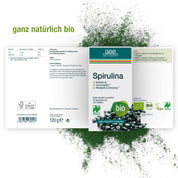 Naturland Bio Spirulina (Tabletten) von gse.organic.supplements zeichnet sich durch eine grün-weiße Verpackung mit schwarzen Tabletten auf grünem Pulver, Vegan- und Bio-Logos sowie einem deutschen Text aus, der vegane Nahrungsergänzung, Eisen und natürliche Qualitäten betont.
