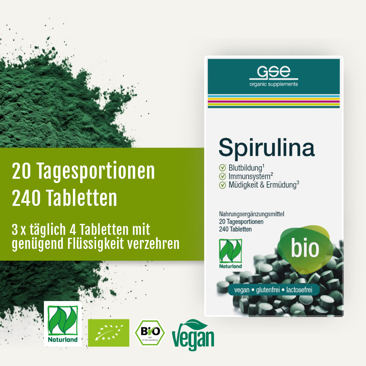 Packung „Naturland Bio Spirulina“ (Tabletten) von gse.organic.supplements in grün-weißer Verpackung; 240 vegane, biologische, glutenfreie Tabletten – eine natürliche Eisenquelle. 20 Tagesportionen; 3-mal täglich 4 Tabletten einnehmen.