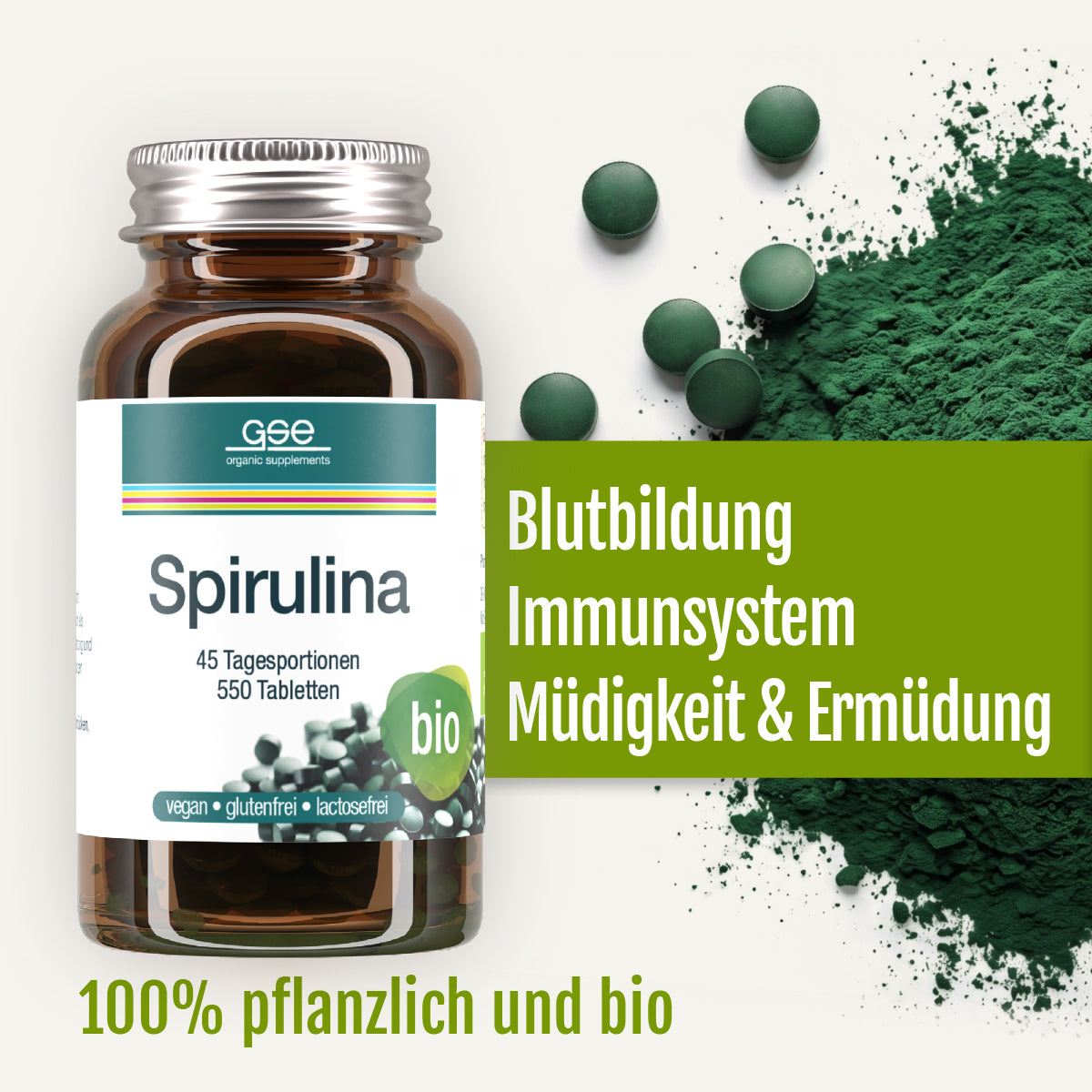 Auf dem Bild ist eine Flasche „Naturland Bio Spirulina (Tabletten)“ von gse.organic.supplements mit grünen Tabletten und Spirulina-Pulver zu sehen. Highlights: unterstützt die Blutbildung und das Immunsystem und wirkt gegen Müdigkeit. 100 % pflanzlich, aus biologischem Anbau, vegan, gluten- und laktosefrei.